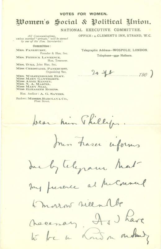 Letter from Christabel Pankhurst to Caroline Phillips