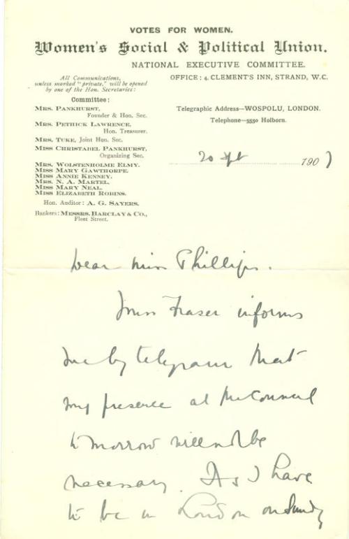 Letter from Christabel Pankhurst to Caroline Phillips