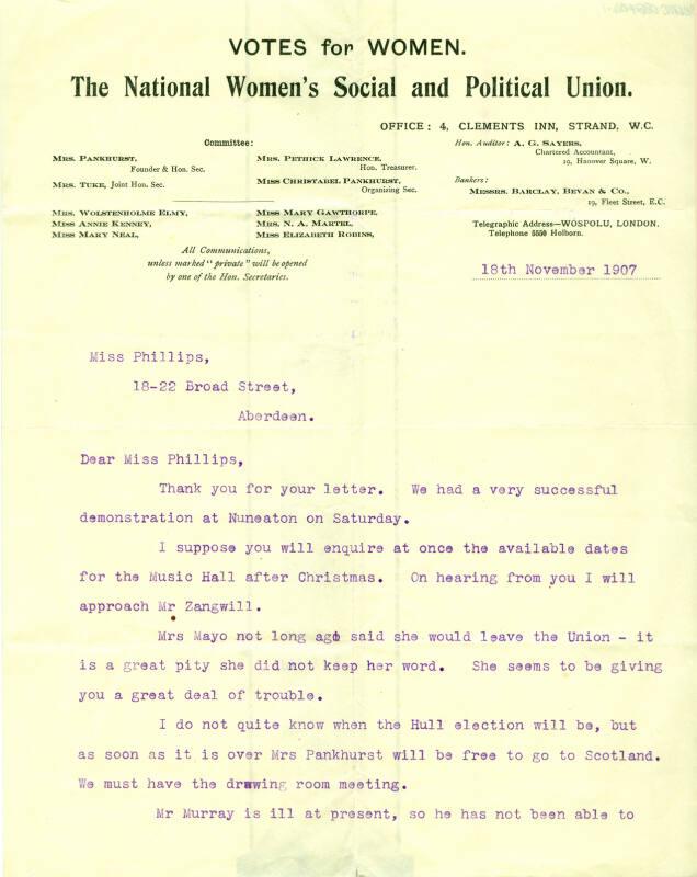 Letter from Christabel Pankhurst to Caroline Phillips