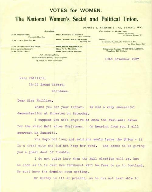 Letter from Christabel Pankhurst to Caroline Phillips