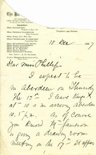 Letter from Emmeline Pankhurst to Caroline Phillips