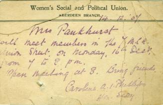 Postcard from Caroline Phillips to Mrs Pankhurst