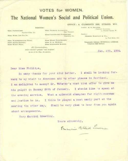 Letter from Emmeline Pethick Lawrence to Caroline Phillips