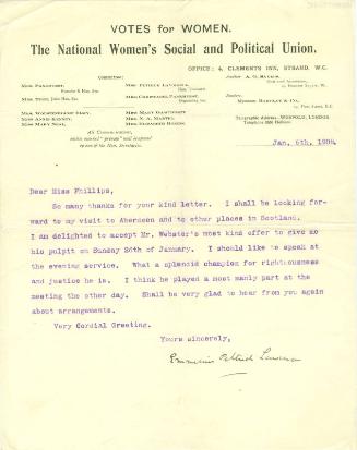 Letter from Emmeline Pethick Lawrence to Caroline Phillips