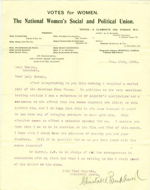 Letter from Christabel Pankhurst to Lady Ramsay