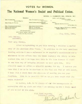 Letter from Christabel Pankhurst to Lady Ramsay
