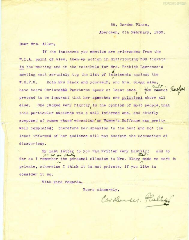 Letter from Caroline Phillips to Annie Allan (Rough Draft)