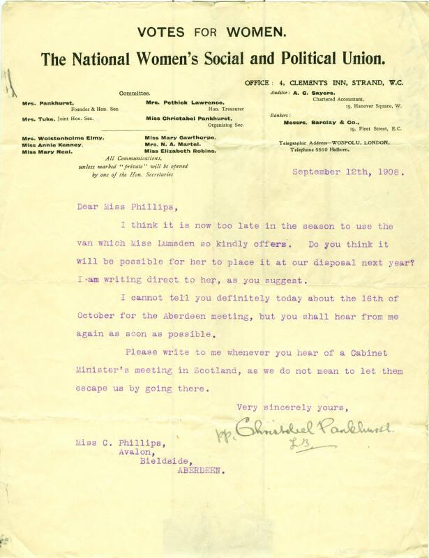 Letter from Christabel Pankhurst to Caroline Phillips