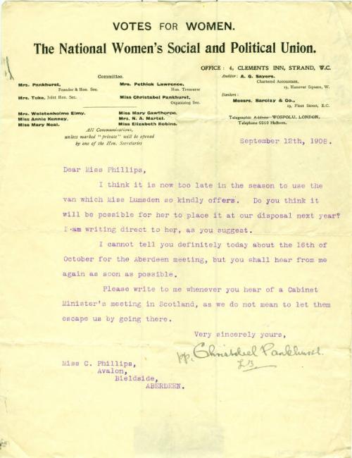 Letter from Christabel Pankhurst to Caroline Phillips