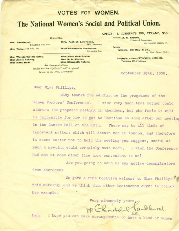 Letter from Christabel Pankhurst to Caroline Phillips