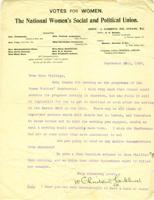 Letter from Christabel Pankhurst to Caroline Phillips