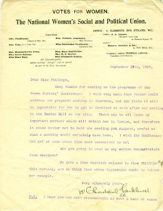 Letter from Christabel Pankhurst to Caroline Phillips