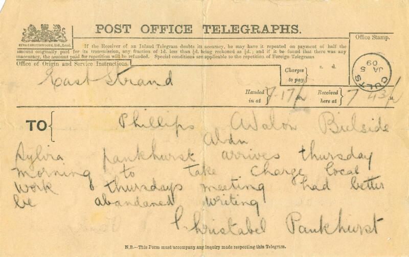 Telegram from Christabel Pankhurst to Caroline Phillips