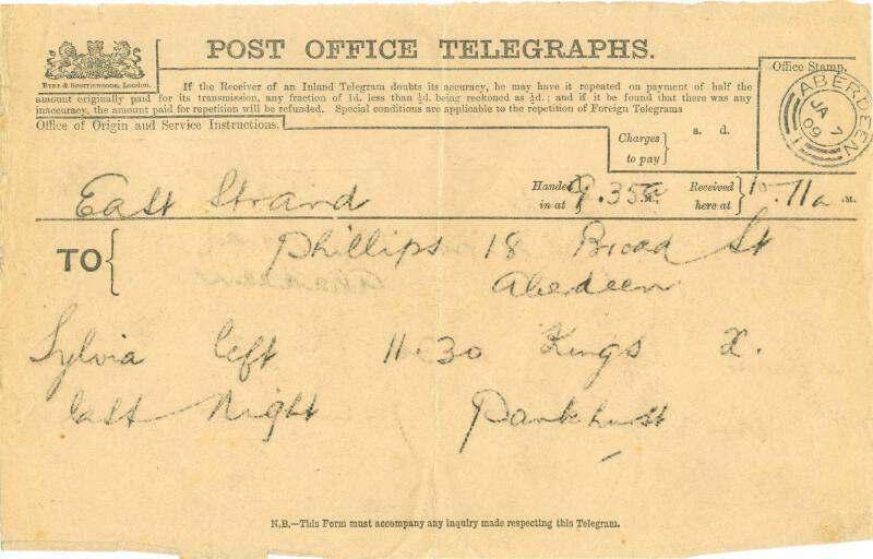 Telegram from (Christabel) Pankhurst to Caroline Phillips