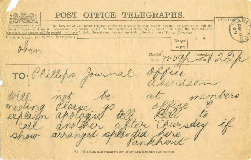 Telegram from (Christabel) Pankhurst to Caroline Phillips