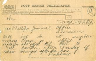 Telegram from (Christabel) Pankhurst to Caroline Phillips