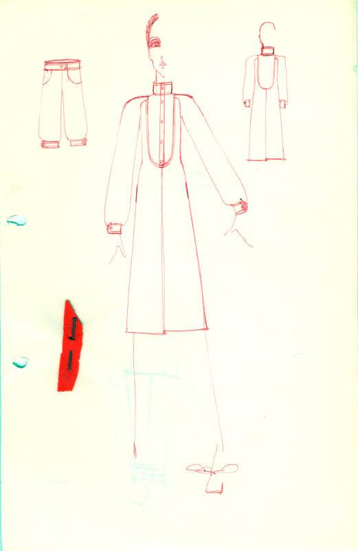 Drawing of Coat, Cropped Trousers and Dress