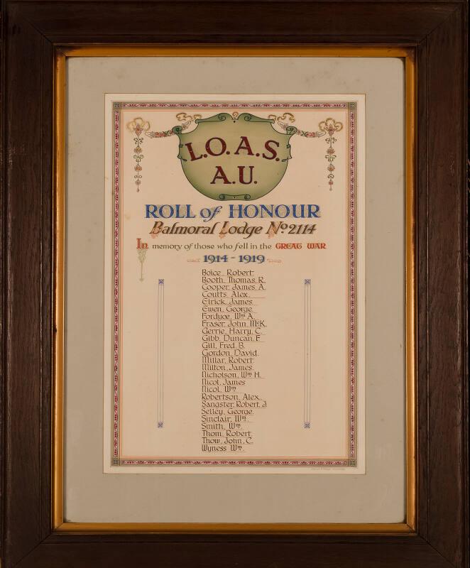 Roll of Honour 1914-1919, Loyal Order of Ancient Shepherds Balmoral Lodge No. 2114 (Aberdeen Lodge)