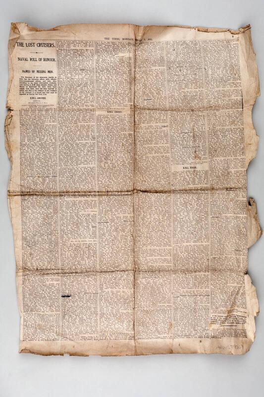 Page from The Times on the Loss of the Aboukir, the Hogue and Cressey