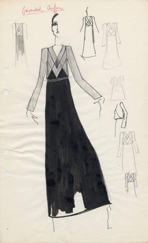 Drawing of Long Chiffon Evening Gown