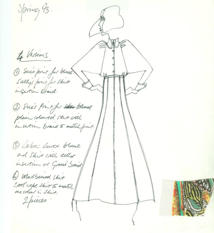 Drawing of Blouse and Skirt with Fabric Swatch for Spring 1973 Collection