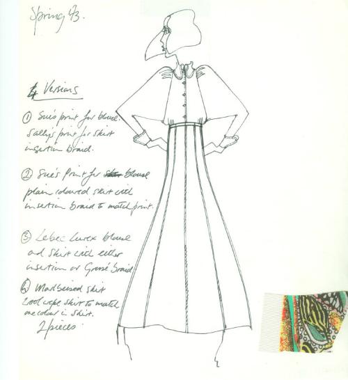 Drawing of Blouse and Skirt with Fabric Swatch for Spring 1973 Collection