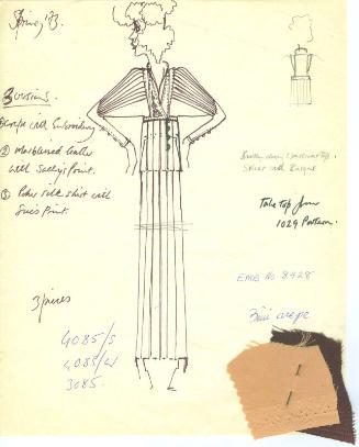Drawing of Skirt, Waistcoat Top and Basque with Fabric Swatches for Spring 1973 Collection