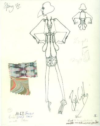 Drawing of Scalloped Jacket and Skirt with Fabric Swatches for Spring 1973 Collection