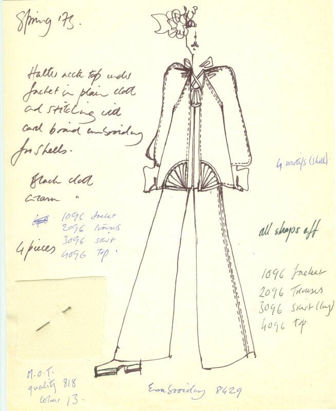 Drawing of Swing Jacket, Top and Trousers with Fabric Swatch for Spring 1973 Collection