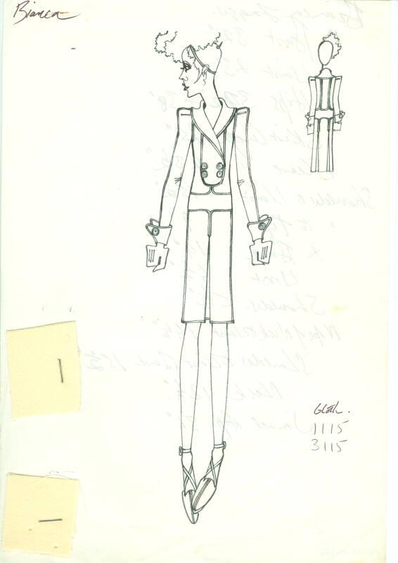 Drawing of Suit with Fabric Swatches for Bianca Jagger – Works – eMuseum