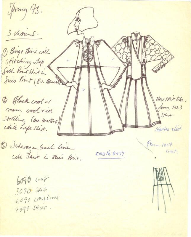 Drawing of Blouse, Waistcoat, Skirt and Coat for the Spring 1973 Collection