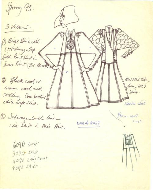 Drawing of Blouse, Waistcoat, Skirt and Coat for the Spring 1973 Collection