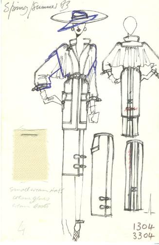 Drawing of Jacket and Skirt with Buckles with Fabric Swatch for Spring/Summer 1973 Collection