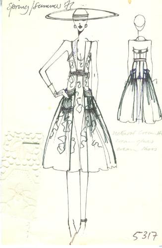 Drawing of Halter-Neck Dress with Fabric Swatch for Spring/Summer 1973 Collection
