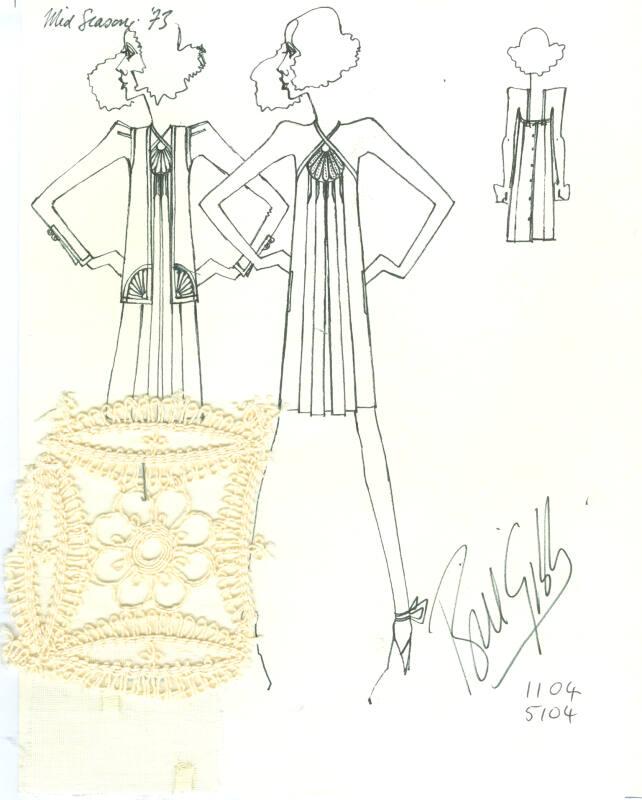 Drawing of Embroidered Dress and Jacket with Fabric Swatches for 1973 Mid Season Collection