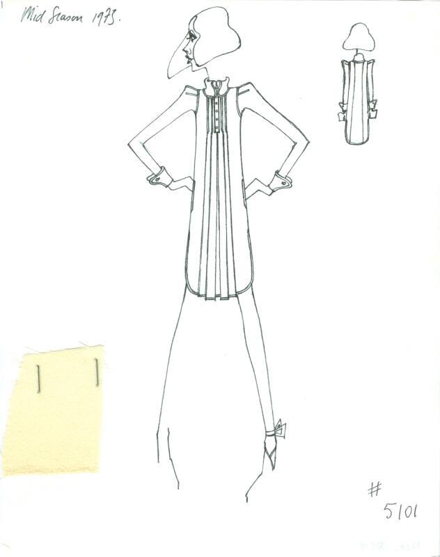 Drawing of Cream Jersey Dress with Fabric Swatch for 1973 Mid Season Collection