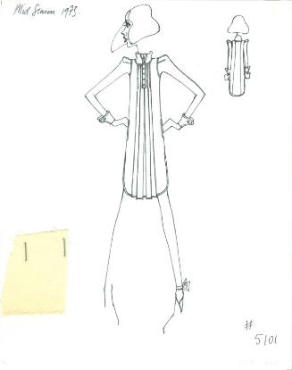 Drawing of Cream Jersey Dress with Fabric Swatch for 1973 Mid Season Collection