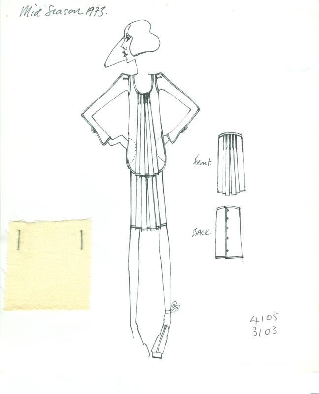 Drawing of Cream Jersey Tunic and Skirt with Fabric Swatch for 1973 Mid Season Collection