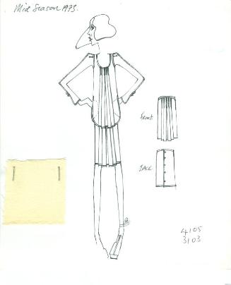 Drawing of Cream Jersey Tunic and Skirt with Fabric Swatch for 1973 Mid Season Collection