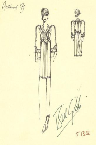 Drawing of Dress with Shawl Collar for Autumn 1973 Collection