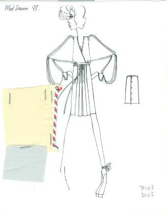 Drawing of Top and Skirt with Fabric Swatches for 1973 Mid Season Collection