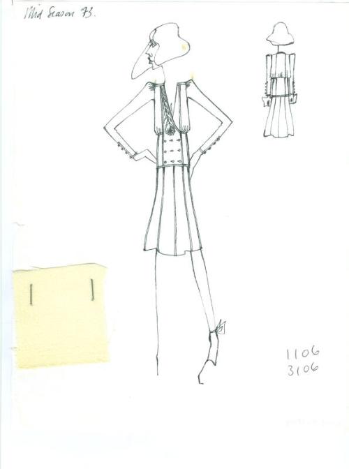 Drawing of Top and Skirt with Fabric Swatch for 1973 Mid Season Collection