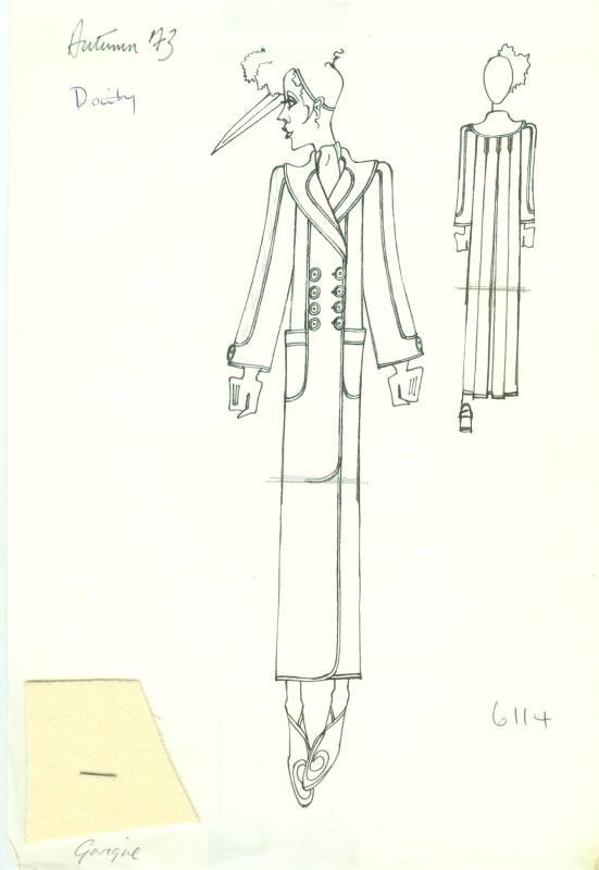 Drawing of Coat with Fabric Swatch for the Autumn 1973 Collection