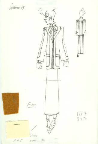 Drawing of Jacket and Skirt with Fabric Swatches for the Autumn 1973 Collection