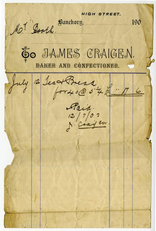 Receipt from James Carigen, Baker and Confectioner, Banchory