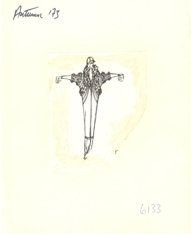 Drawing of Coat with Fur Trim for Autumn 1973 Collection