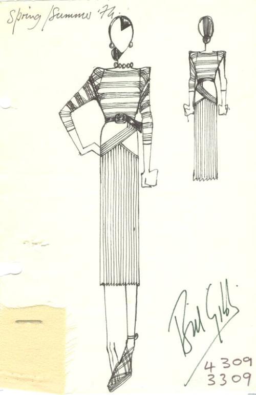 Drawing of Striped Jumper and Skirt with Fabric Swatch for Spring/Summer 1974 Collection