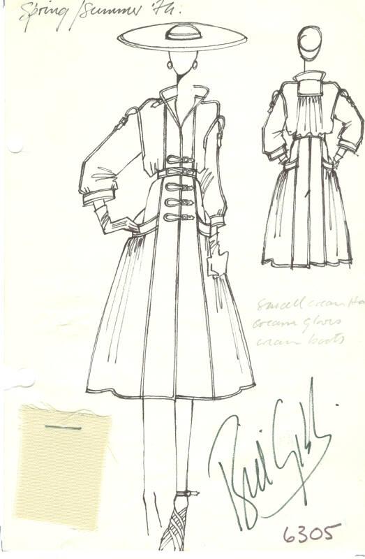 Drawing of Coat with Buckles and Fabric Swatch for Spring/Summer 1974 ...