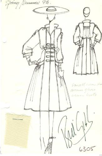 Drawing of Coat with Buckles and Fabric Swatch for Spring/Summer 1974 Collection