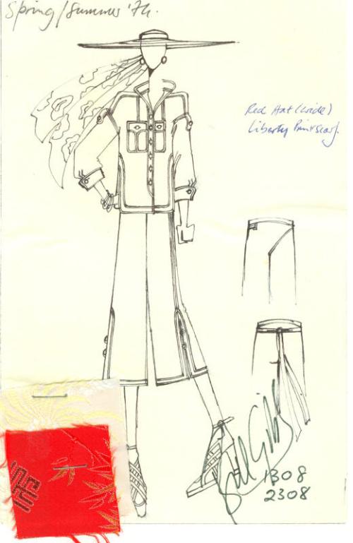 Drawing of Shirt and Culottes with Fabric Swatches for Spring/Summer 1974 Collection